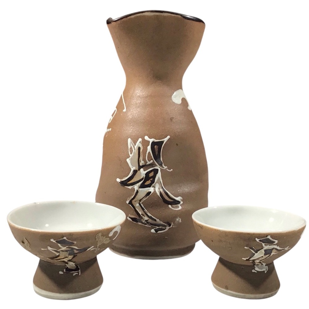 Japanese Sake Carafe Cups Tokuri Ceramic Pottery Hand Made Vintage